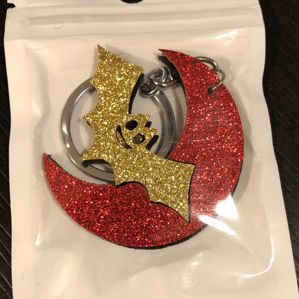 Glitter Bat & Moon Keychain - Red and Gold